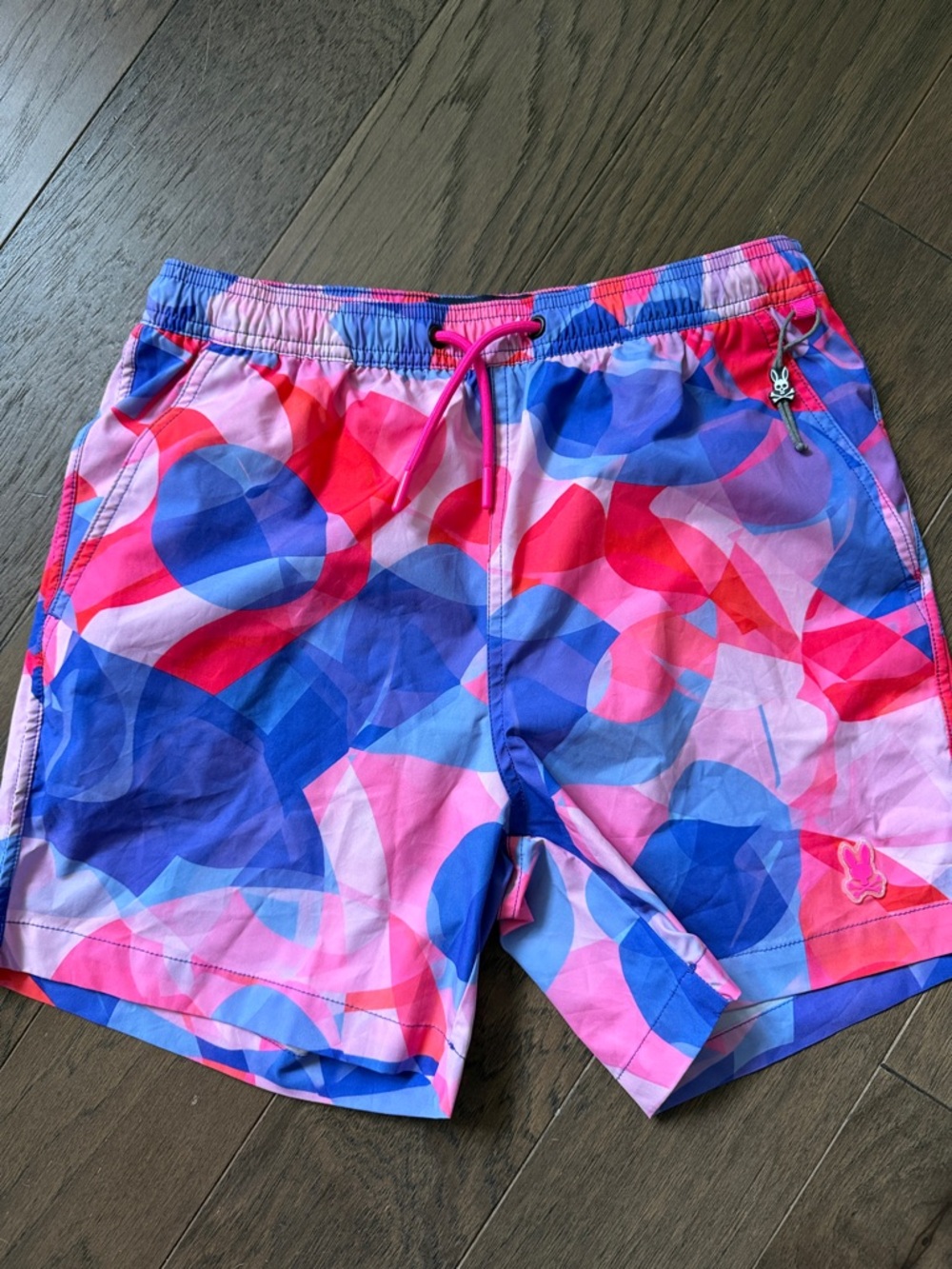Psycho Bunny Pink and Blue Abstract Swim Trunks